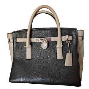 Michael Kors Hamilton Pebbled Leather Handbag Purse Shoulder Black Gray Lock